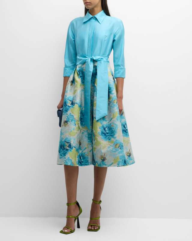 3/4-Sleeve Floral Jacquard Midi Shirtdress
